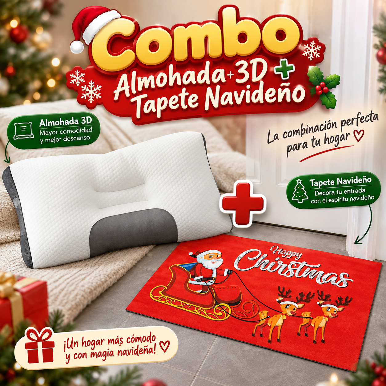 Combo 1 almohada 3d + 1 Tapete navideño